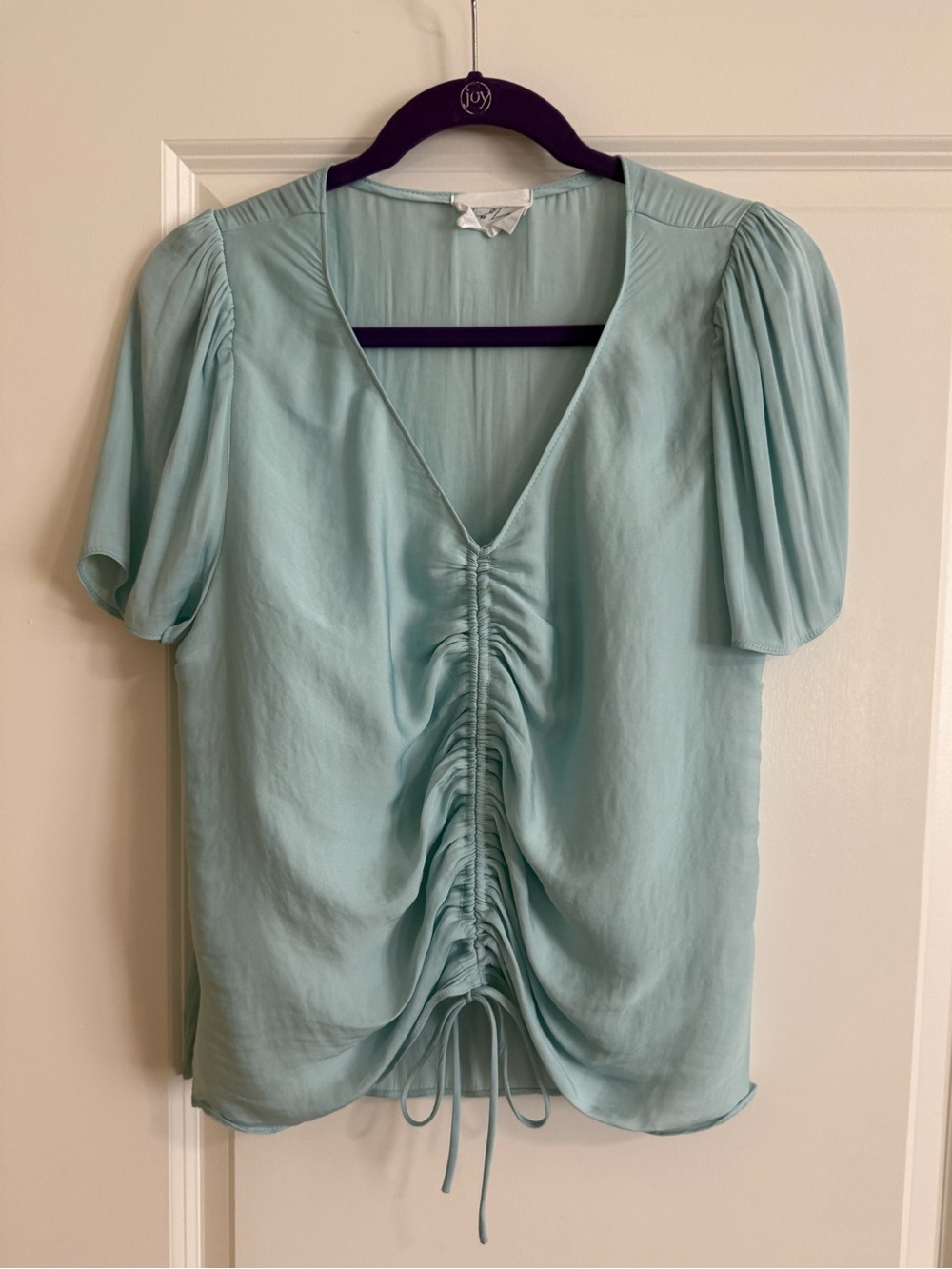 Dee Dee Ruched V-Neck Short Sleeve Top in Light Aqua